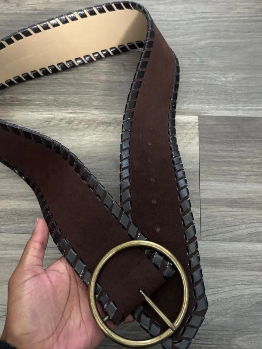 Nine West Brown Suede Belt with Brass Round Buckle